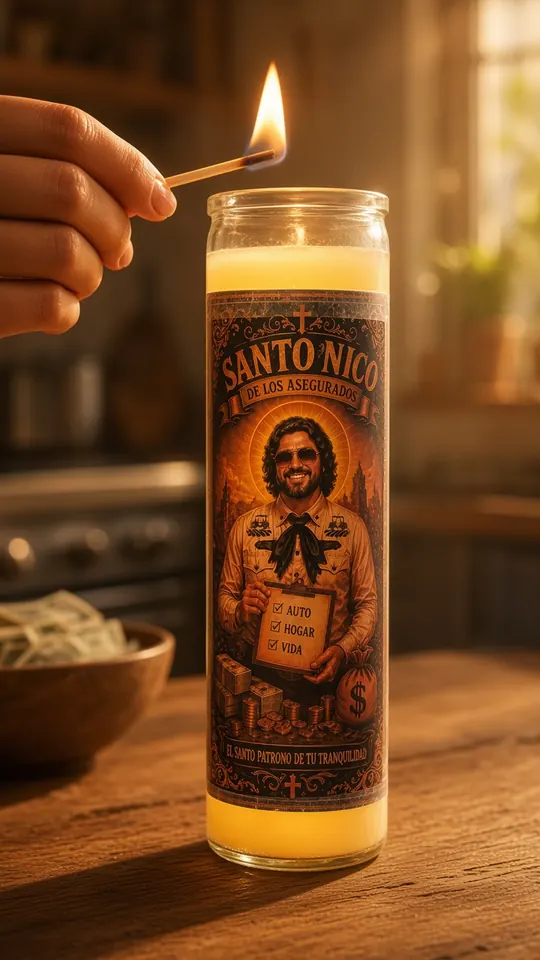 Una veladora de Santo Nico de los Asegurados encendida con un fósforo.